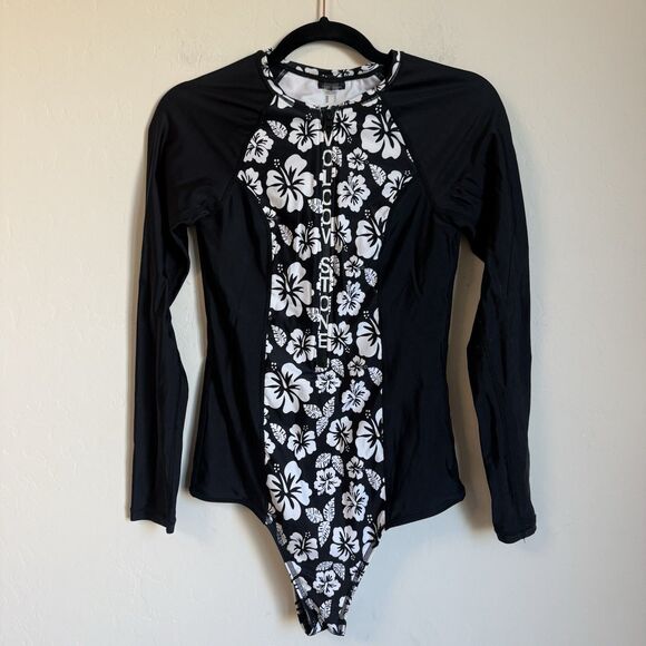 Volcom Medium Coco Hibiscus One Piece Zip Rash Guard Swim Suit Floral Cheeky - Picture 2 of 11